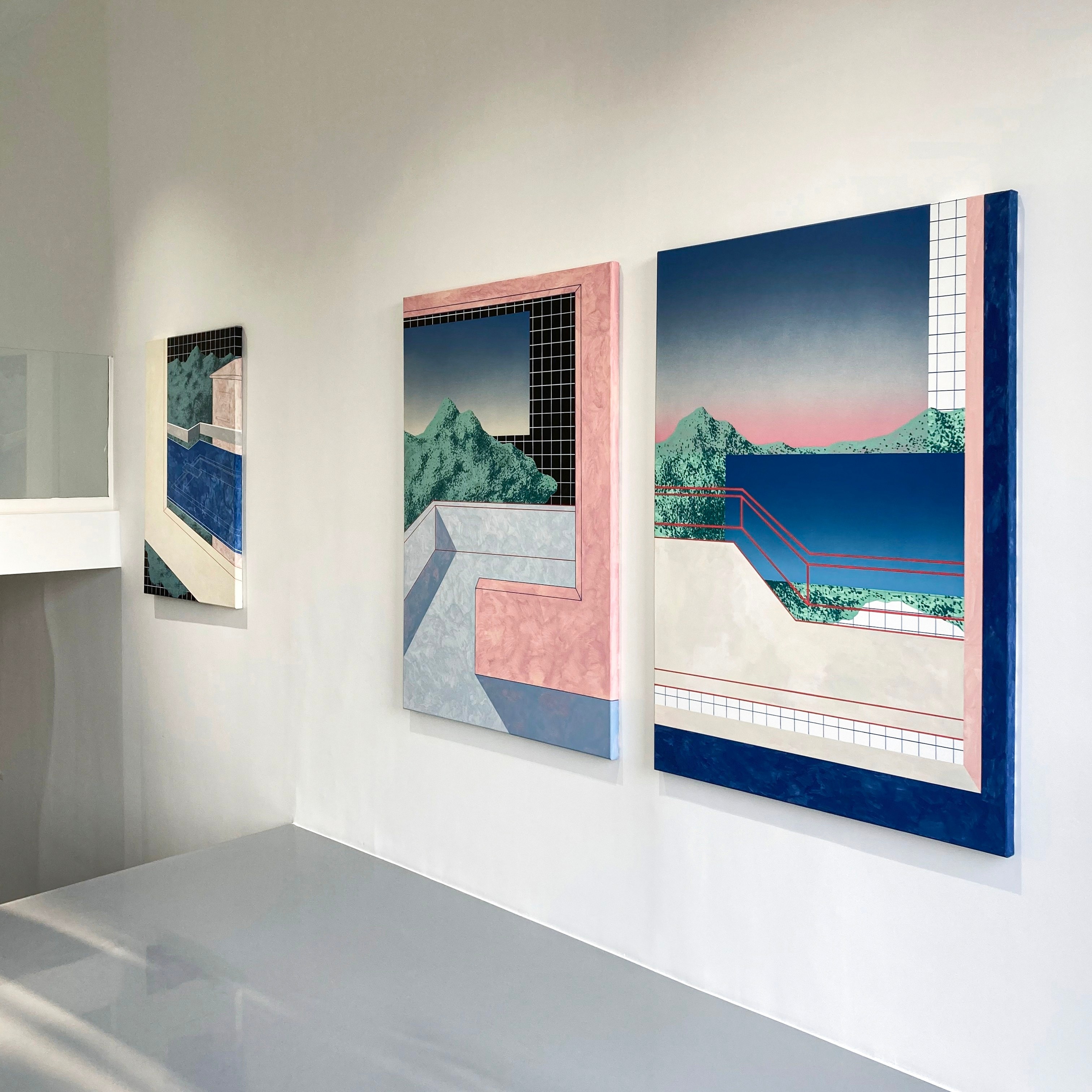 Layers series paintings by Ufuk Yılmaz on a gallery wall