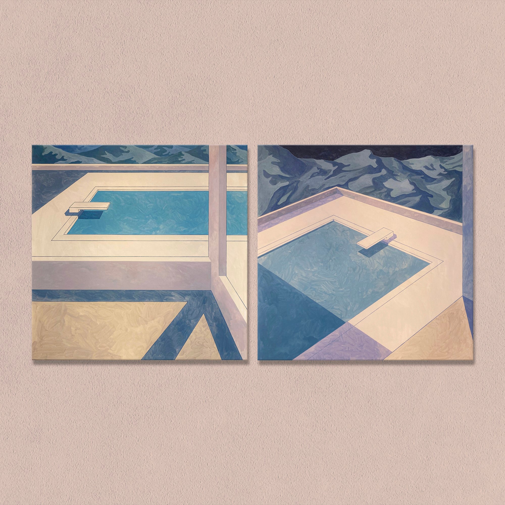 Diptych by Ufuk Yılmaz showing two swimming pools from above